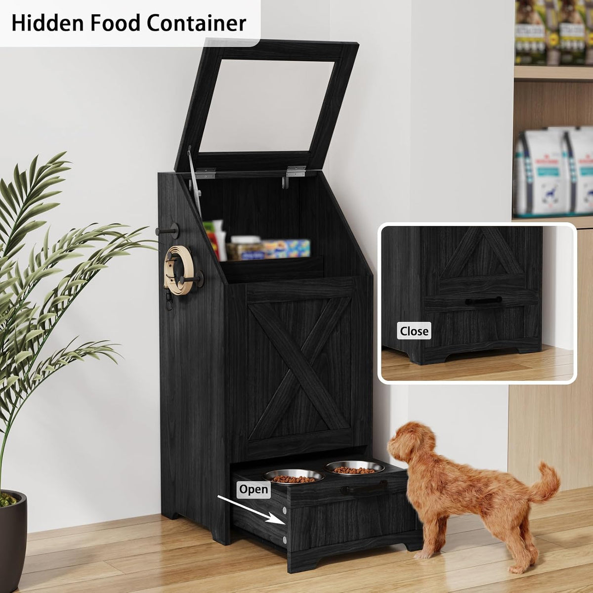 Dog Feeding Station with Storage Cabinet & 2 Elevated Bowls,Black