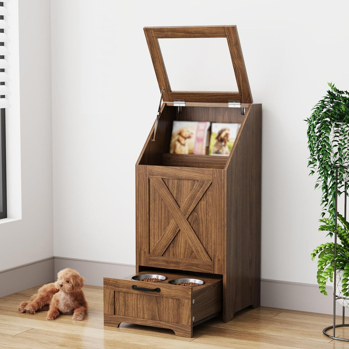 Dog Feeding Station with Storage Cabinet & 2 Elevated Bowls,Black