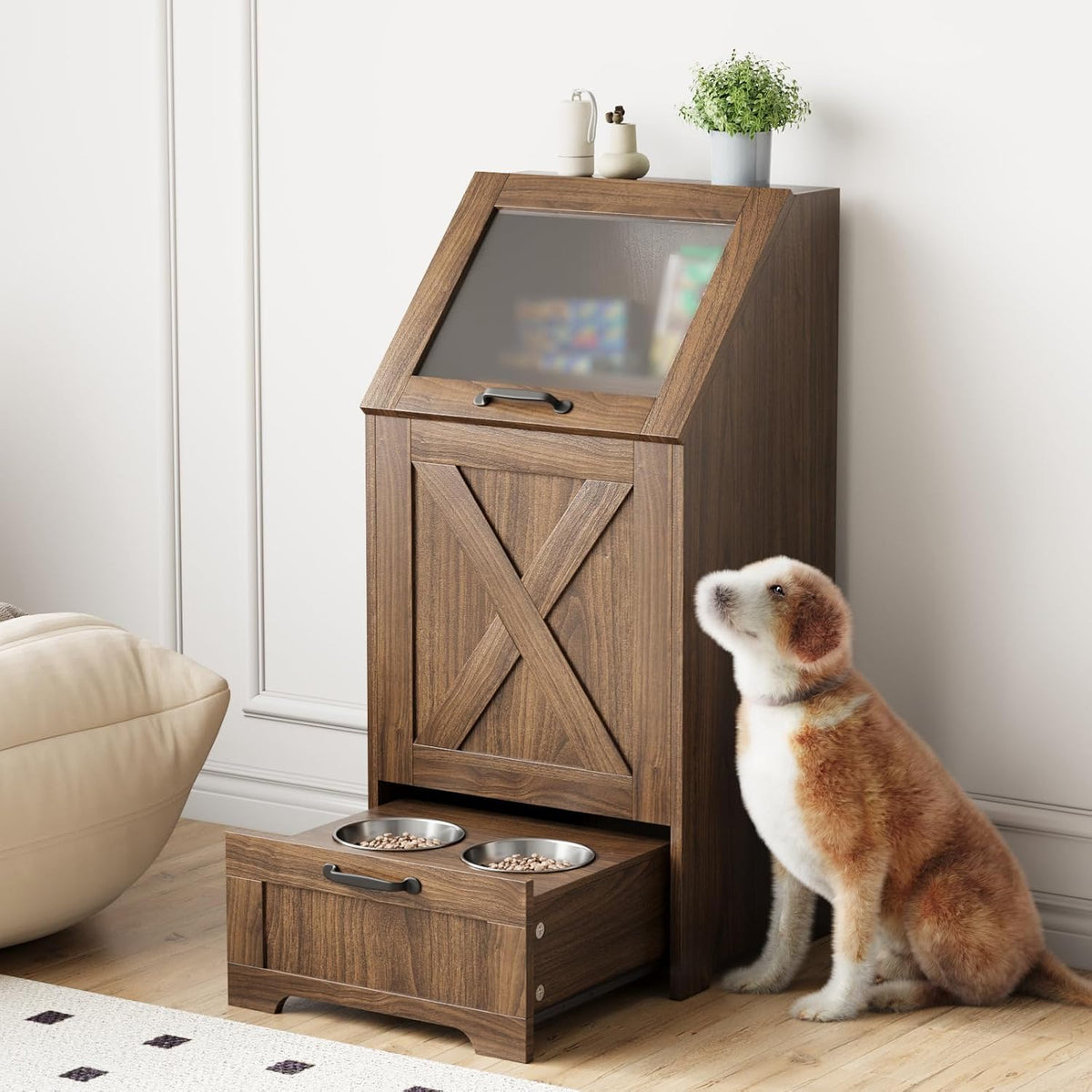 Dog Feeding Station with Storage Cabinet & 2 Elevated Bowls,Black
