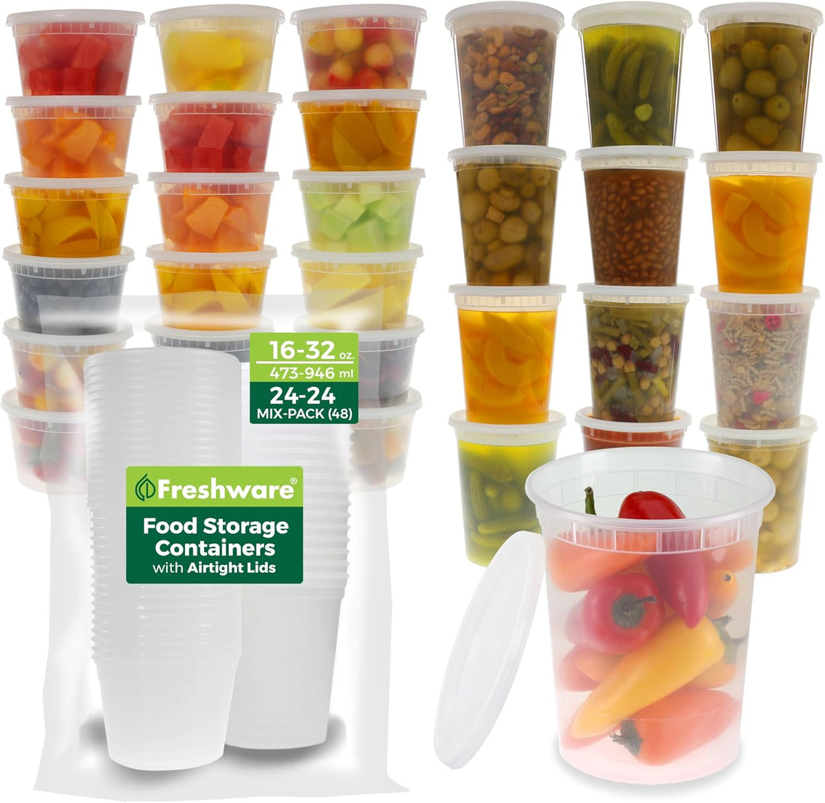 Food Storage Containers 32 oz Plastic Deli Containers with Lids, Slime, Soup, Meal Prep Containers | BPA Free | Stackable | Leakproof | Microwave/Dishwasher/Freezer Safe