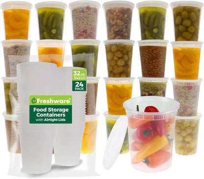 Food Storage Containers 32 oz Plastic Deli Containers with Lids, Slime, Soup, Meal Prep Containers | BPA Free | Stackable | Leakproof | Microwave/Dishwasher/Freezer Safe