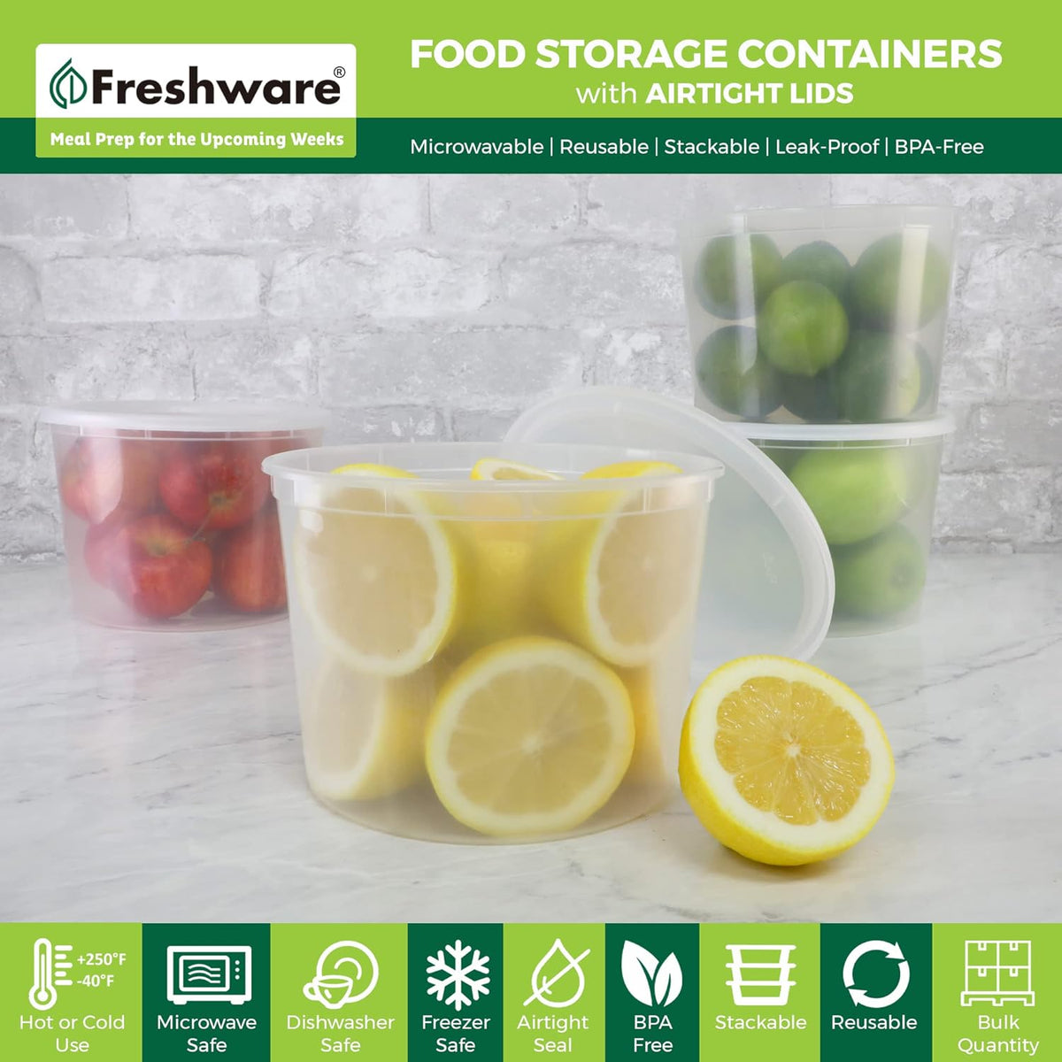 Food Storage Containers 32 oz Plastic Deli Containers with Lids, Slime, Soup, Meal Prep Containers | BPA Free | Stackable | Leakproof | Microwave/Dishwasher/Freezer Safe