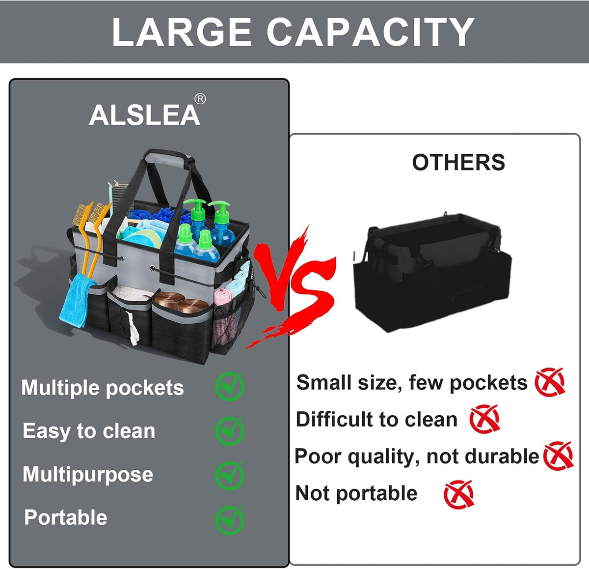 Large Cleaning Caddy Bag 15" x 10½" x 9" Heavy-Duty Organizer Tote for Home, Housekeepers, Janitors Cleaning Caddy for Cleaning Supplies with Shoulder Strap & Multiple Pockets (Gray)