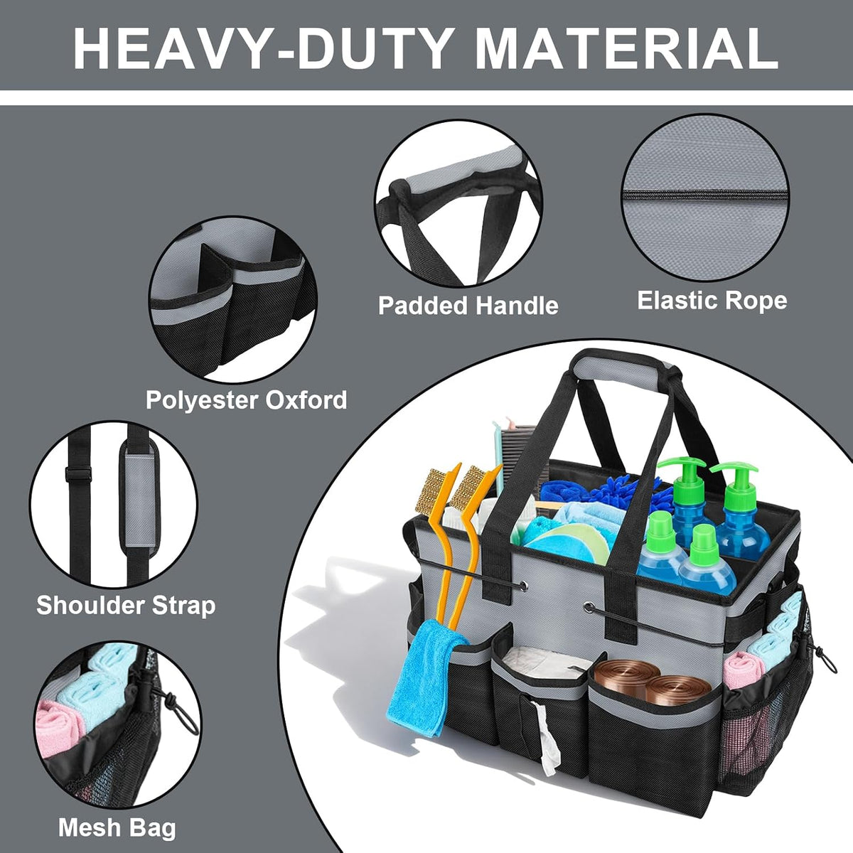 Large Cleaning Caddy Bag 15" x 10½" x 9" Heavy-Duty Organizer Tote for Home, Housekeepers, Janitors Cleaning Caddy for Cleaning Supplies with Shoulder Strap & Multiple Pockets (Gray)