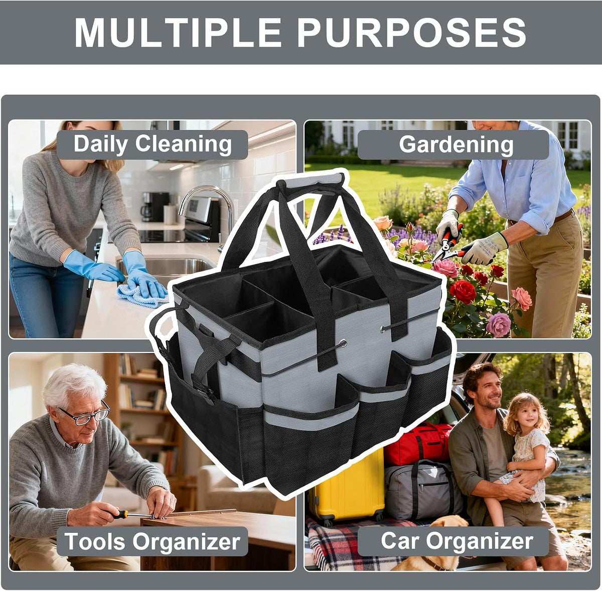 Large Cleaning Caddy Bag 15" x 10½" x 9" Heavy-Duty Organizer Tote for Home, Housekeepers, Janitors Cleaning Caddy for Cleaning Supplies with Shoulder Strap & Multiple Pockets (Gray)
