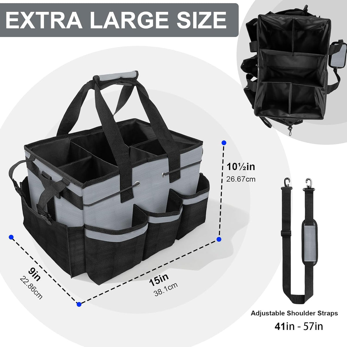 Large Cleaning Caddy Bag 15" x 10½" x 9" Heavy-Duty Organizer Tote for Home, Housekeepers, Janitors Cleaning Caddy for Cleaning Supplies with Shoulder Strap & Multiple Pockets (Gray)