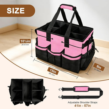 Large Cleaning Caddy Bag 15" x 10½" x 9" Heavy-Duty Organizer Tote for Home, Housekeepers, Janitors Cleaning Caddy for Cleaning Supplies with Shoulder Strap & Multiple Pockets (Gray)