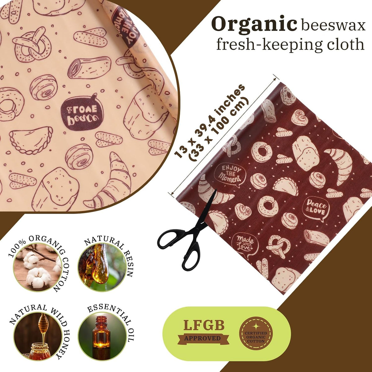 3 Pcs Beeswax Wraps for Food Roll 13 x 40 Inch Japanese Style