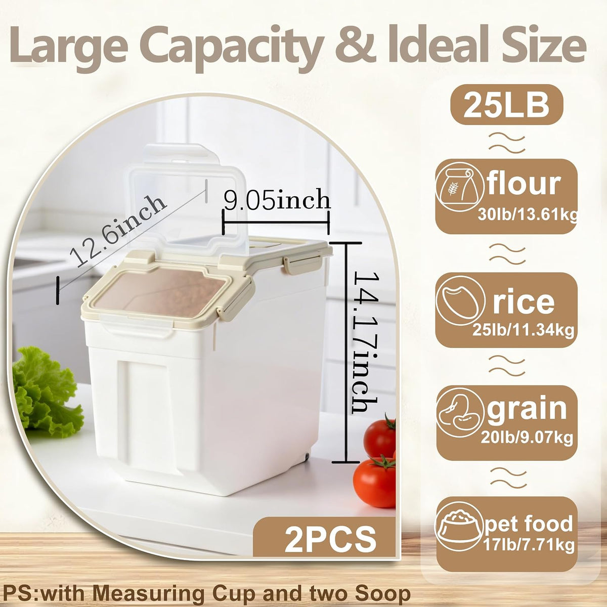 25lb Flour Rice Storage Containers Bin, Large Airtight Storage Container with Wheels Seal Locking Lid, with Measuring Cup&Scoop for Flour, Rice, Grain(Gray)