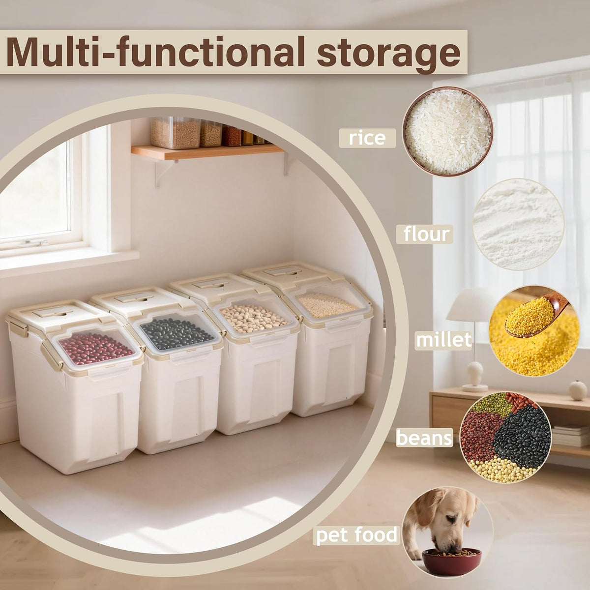 25lb Flour Rice Storage Containers Bin, Large Airtight Storage Container with Wheels Seal Locking Lid, with Measuring Cup&Scoop for Flour, Rice, Grain(Gray)