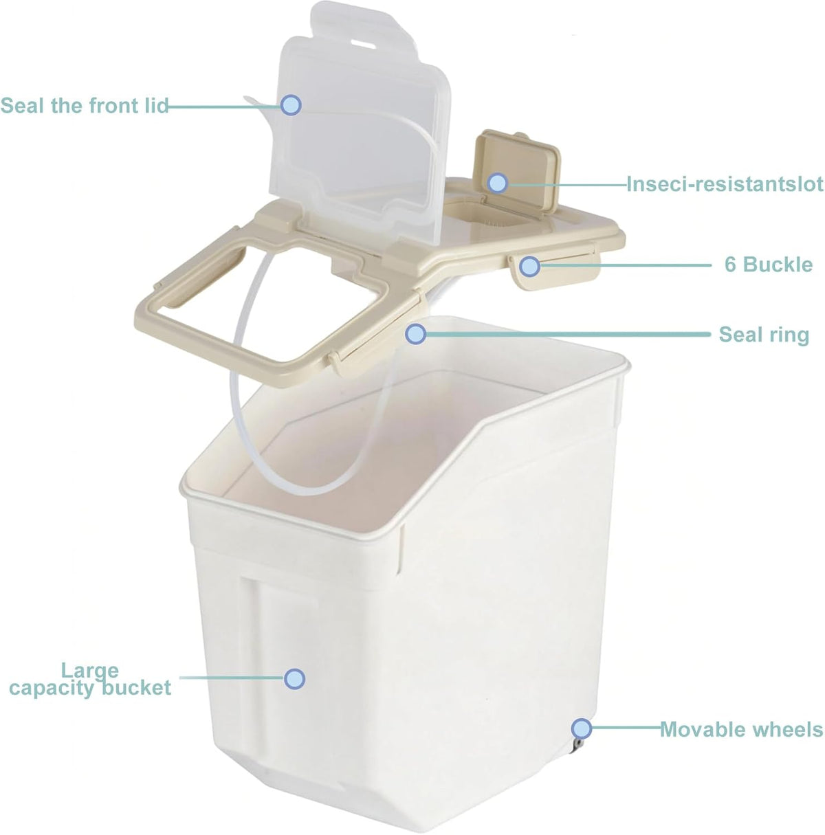 25lb Flour Rice Storage Containers Bin, Large Airtight Storage Container with Wheels Seal Locking Lid, with Measuring Cup&Scoop for Flour, Rice, Grain(Gray)