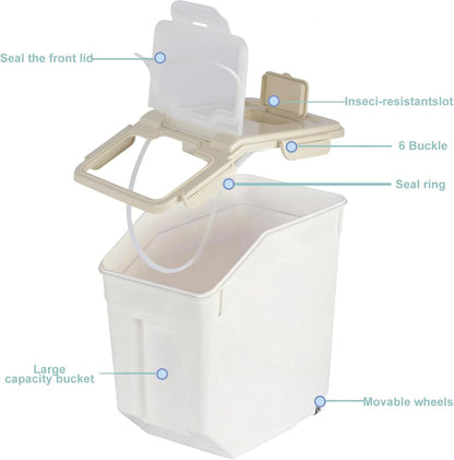 25lb Flour Rice Storage Containers Bin, Large Airtight Storage Container with Wheels Seal Locking Lid, with Measuring Cup&Scoop for Flour, Rice, Grain(Gray)