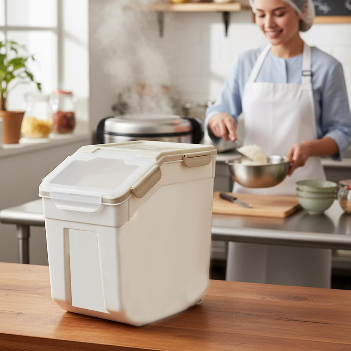 25lb Flour Rice Storage Containers Bin, Large Airtight Storage Container with Wheels Seal Locking Lid, with Measuring Cup&Scoop for Flour, Rice, Grain(Gray)