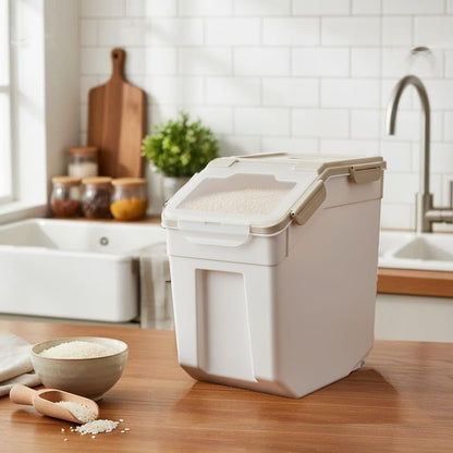 25lb Flour Rice Storage Containers Bin, Large Airtight Storage Container with Wheels Seal Locking Lid, with Measuring Cup&Scoop for Flour, Rice, Grain(Gray)