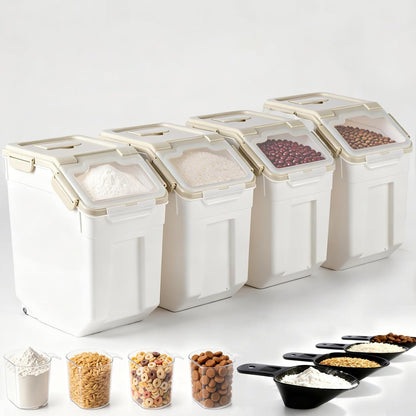 25lb Flour Rice Storage Containers Bin, Large Airtight Storage Container with Wheels Seal Locking Lid, with Measuring Cup&Scoop for Flour, Rice, Grain(Gray)