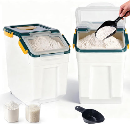 25lb Flour Rice Storage Containers Bin, Large Airtight Storage Container with Wheels Seal Locking Lid, with Measuring Cup&Scoop for Flour, Rice, Grain(Gray)