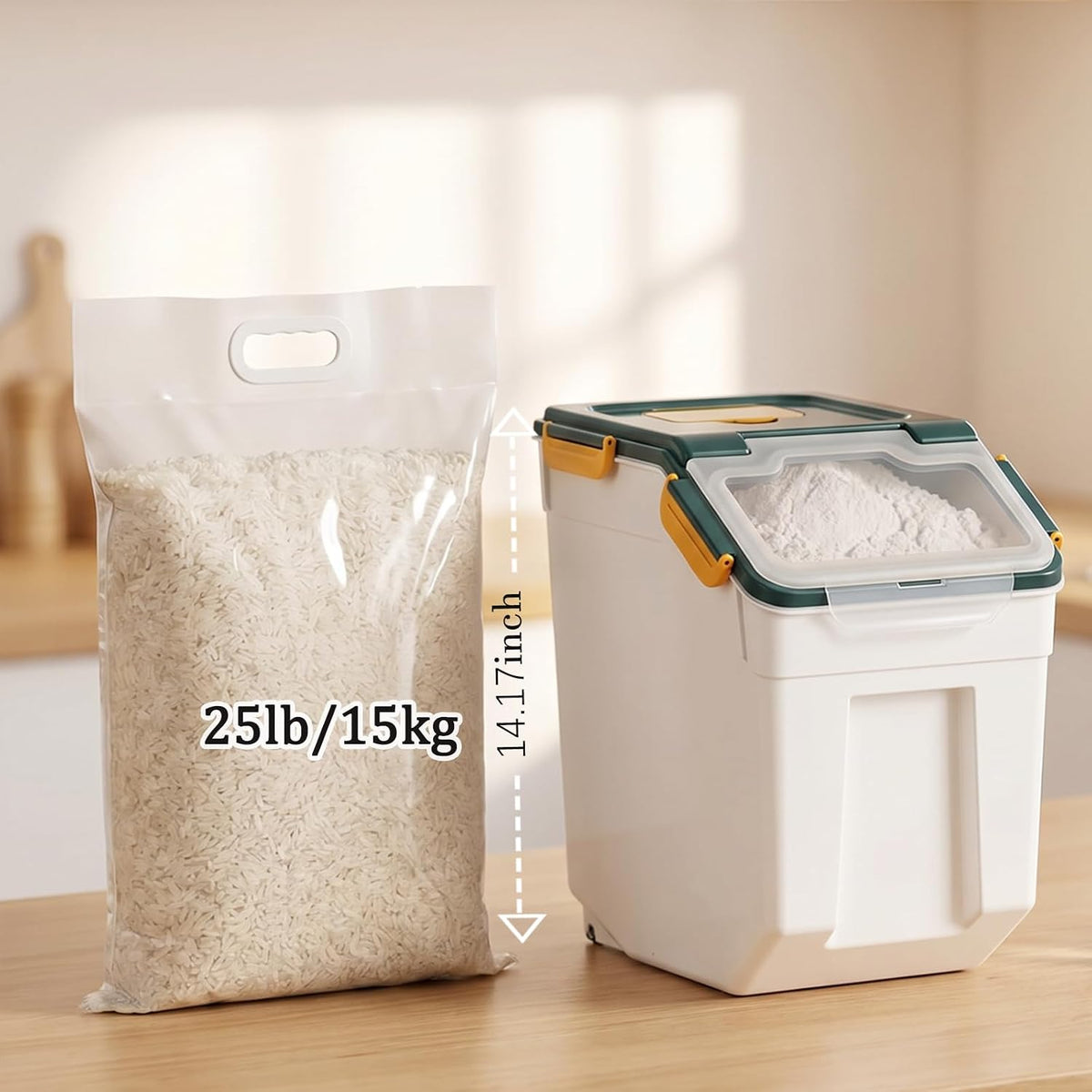 25lb Flour Rice Storage Containers Bin, Large Airtight Storage Container with Wheels Seal Locking Lid, with Measuring Cup&Scoop for Flour, Rice, Grain(Gray)