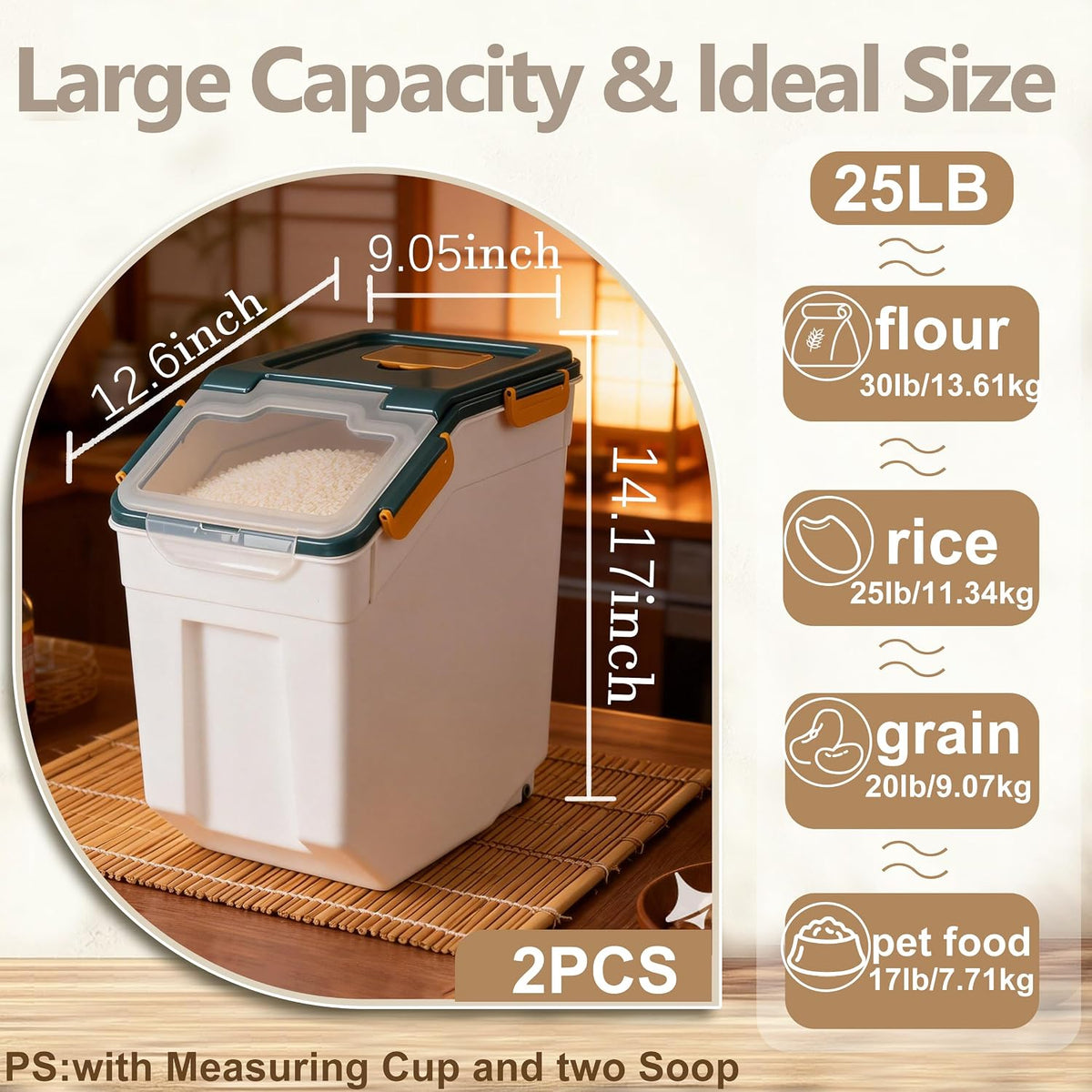 25lb Flour Rice Storage Containers Bin, Large Airtight Storage Container with Wheels Seal Locking Lid, with Measuring Cup&Scoop for Flour, Rice, Grain(Gray)