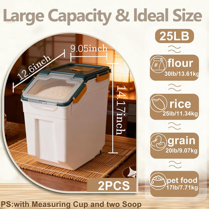 25lb Flour Rice Storage Containers Bin, Large Airtight Storage Container with Wheels Seal Locking Lid, with Measuring Cup&Scoop for Flour, Rice, Grain(Gray)