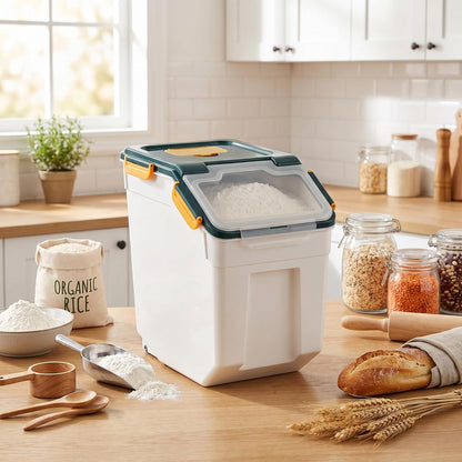 25lb Flour Rice Storage Containers Bin, Large Airtight Storage Container with Wheels Seal Locking Lid, with Measuring Cup&Scoop for Flour, Rice, Grain(Gray)