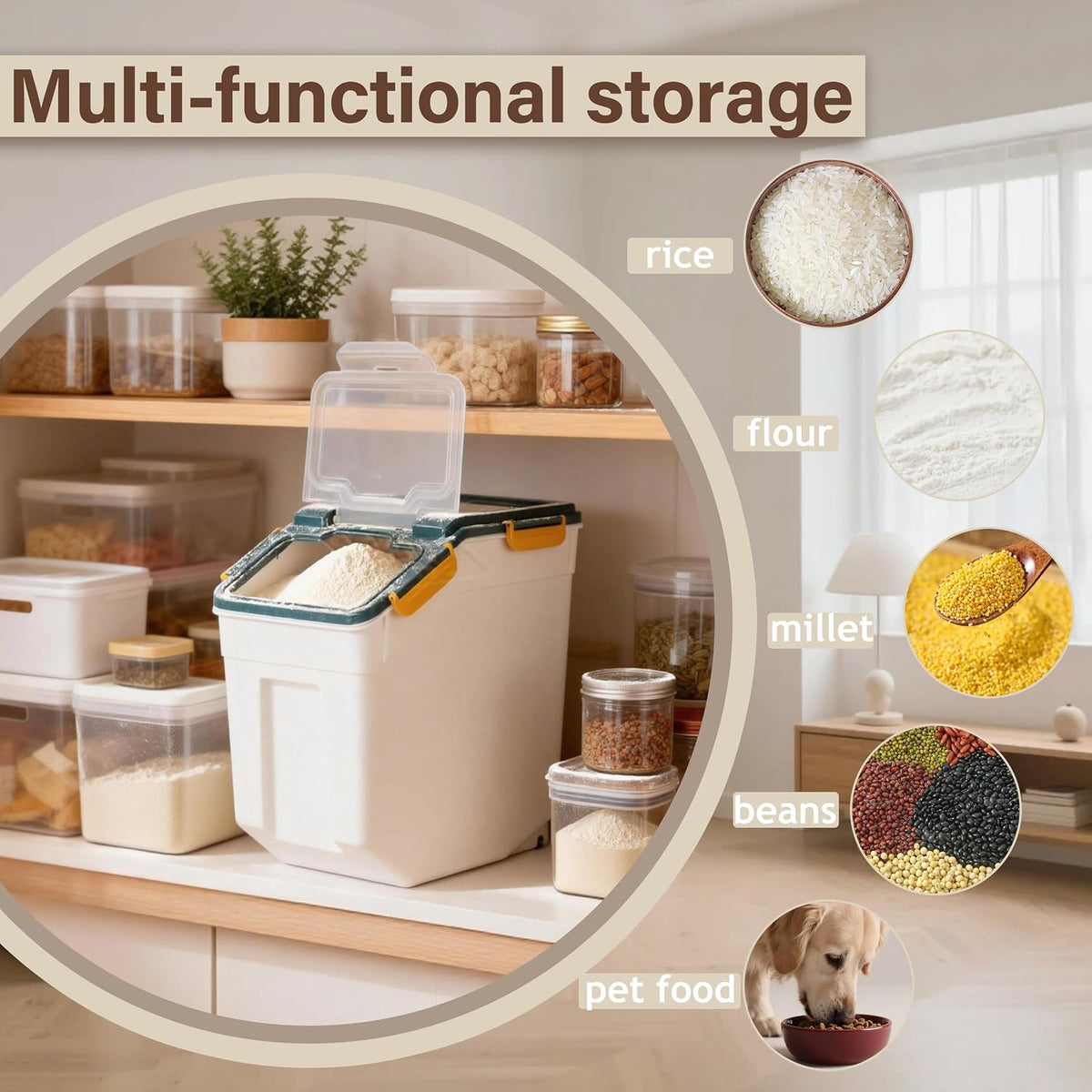 25lb Flour Rice Storage Containers Bin, Large Airtight Storage Container with Wheels Seal Locking Lid, with Measuring Cup&Scoop for Flour, Rice, Grain(Gray)