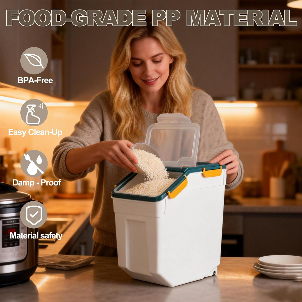 25lb Flour Rice Storage Containers Bin, Large Airtight Storage Container with Wheels Seal Locking Lid, with Measuring Cup&Scoop for Flour, Rice, Grain(Gray)