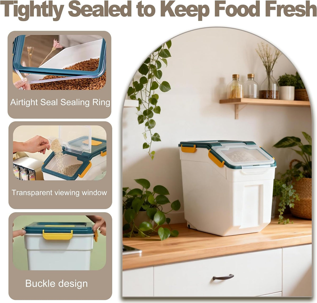 25lb Flour Rice Storage Containers Bin, Large Airtight Storage Container with Wheels Seal Locking Lid, with Measuring Cup&Scoop for Flour, Rice, Grain(Gray)