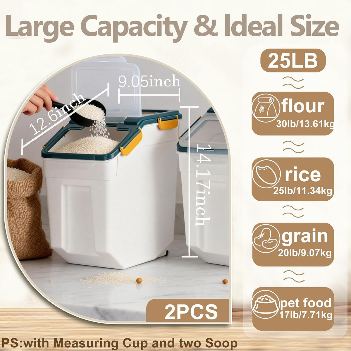 25lb Flour Rice Storage Containers Bin, Large Airtight Storage Container with Wheels Seal Locking Lid, with Measuring Cup&Scoop for Flour, Rice, Grain(Gray)