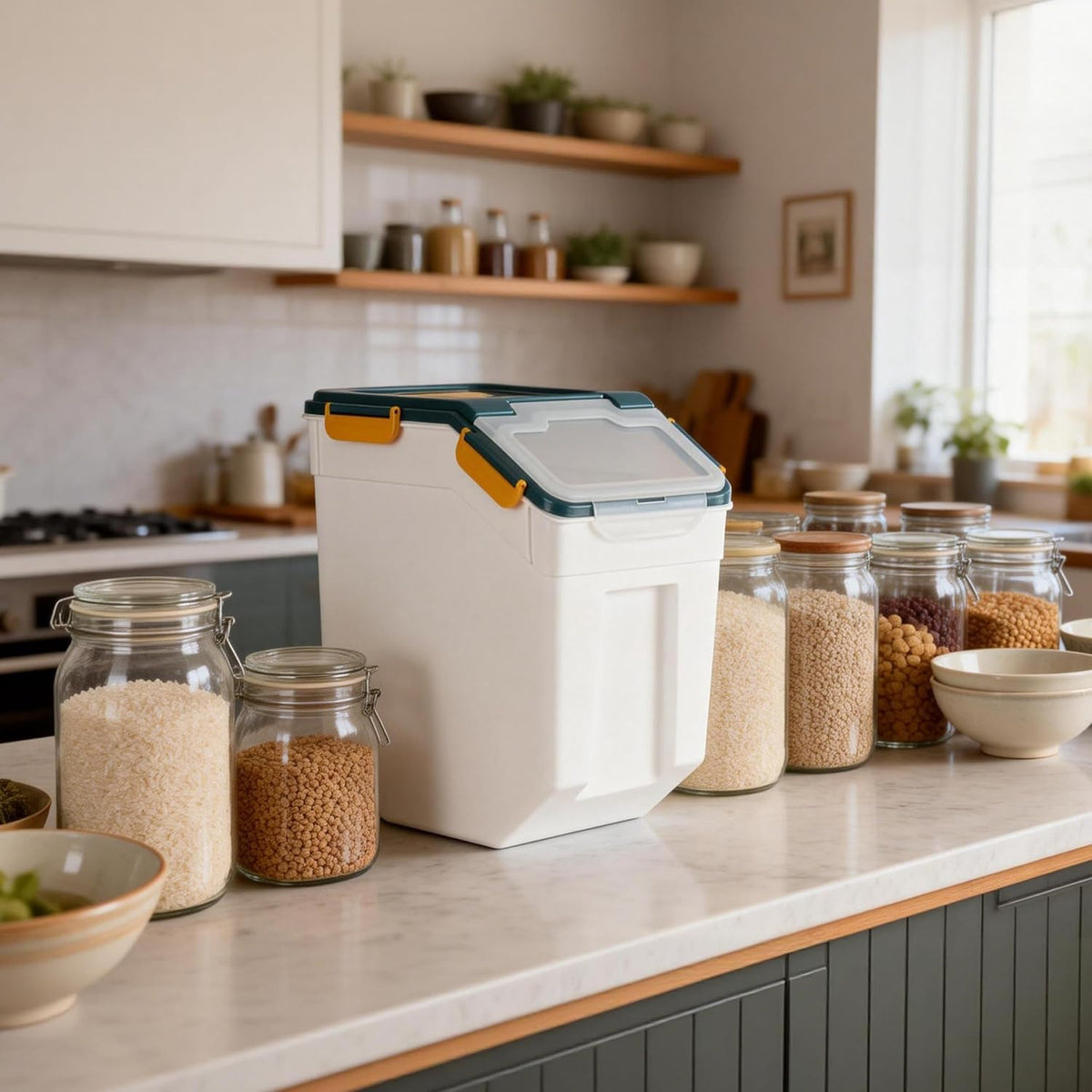 25lb Flour Rice Storage Containers Bin, Large Airtight Storage Container with Wheels Seal Locking Lid, with Measuring Cup&Scoop for Flour, Rice, Grain(Gray)