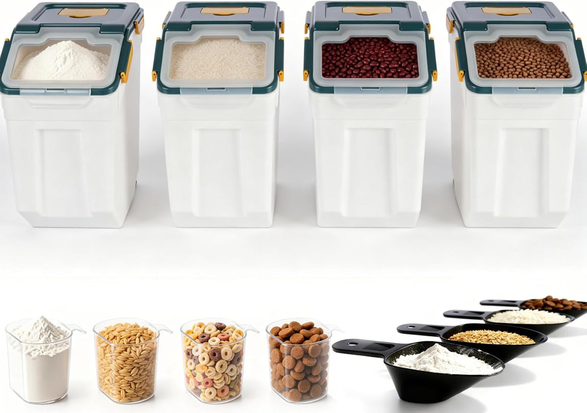 25lb Flour Rice Storage Containers Bin, Large Airtight Storage Container with Wheels Seal Locking Lid, with Measuring Cup&Scoop for Flour, Rice, Grain(Gray)