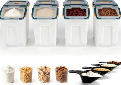 25lb Flour Rice Storage Containers Bin, Large Airtight Storage Container with Wheels Seal Locking Lid, with Measuring Cup&Scoop for Flour, Rice, Grain(Gray)