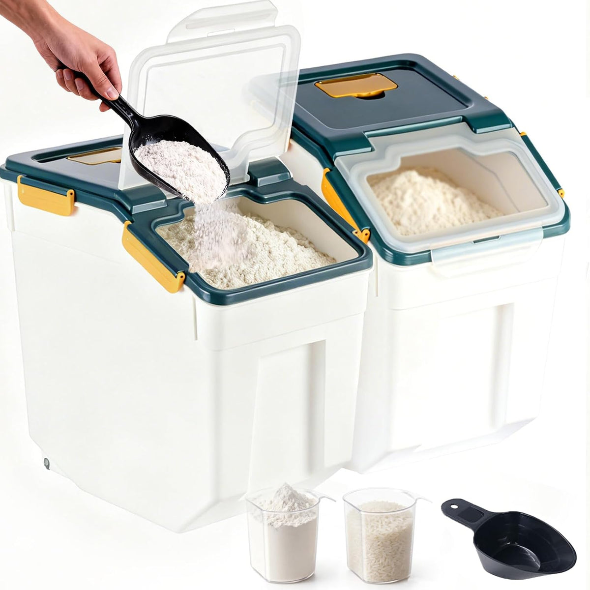 25lb Flour Rice Storage Containers Bin, Large Airtight Storage Container with Wheels Seal Locking Lid, with Measuring Cup&Scoop for Flour, Rice, Grain(Gray)