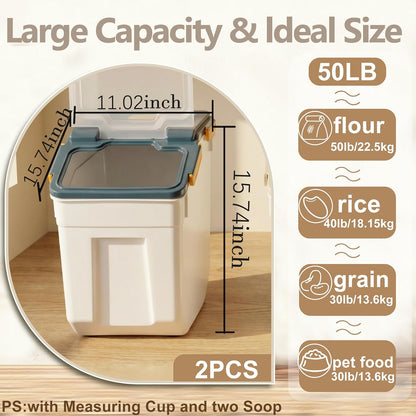 25lb Flour Rice Storage Containers Bin, Large Airtight Storage Container with Wheels Seal Locking Lid, with Measuring Cup&Scoop for Flour, Rice, Grain(Gray)