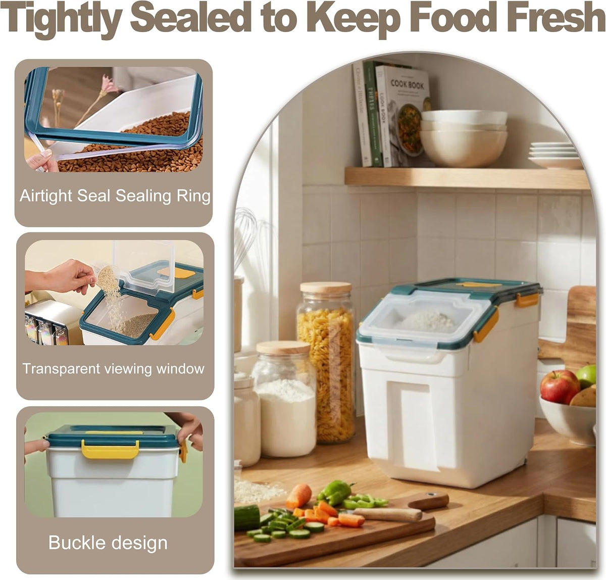 25lb Flour Rice Storage Containers Bin, Large Airtight Storage Container with Wheels Seal Locking Lid, with Measuring Cup&Scoop for Flour, Rice, Grain(Gray)