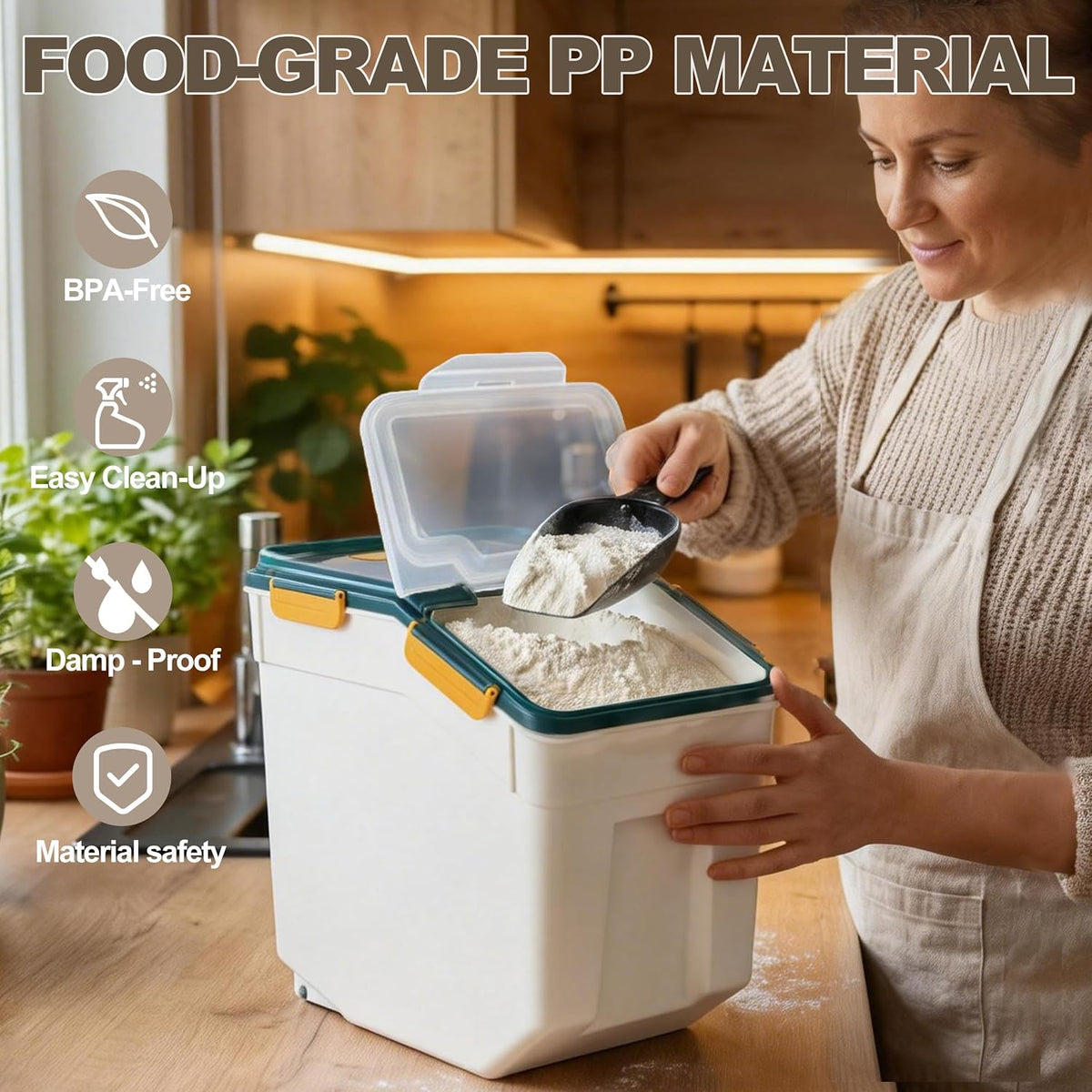 25lb Flour Rice Storage Containers Bin, Large Airtight Storage Container with Wheels Seal Locking Lid, with Measuring Cup&Scoop for Flour, Rice, Grain(Gray)