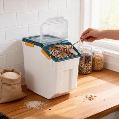 25lb Flour Rice Storage Containers Bin, Large Airtight Storage Container with Wheels Seal Locking Lid, with Measuring Cup&Scoop for Flour, Rice, Grain(Gray)