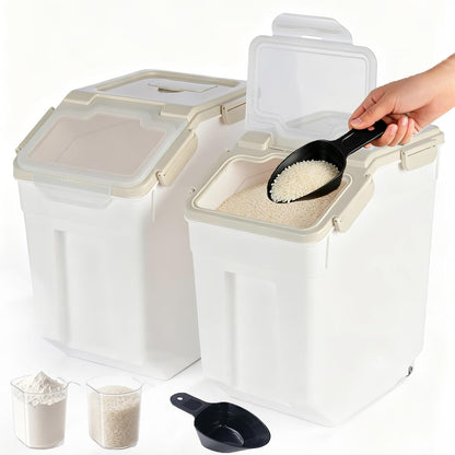 25lb Flour Rice Storage Containers Bin, Large Airtight Storage Container with Wheels Seal Locking Lid, with Measuring Cup&Scoop for Flour, Rice, Grain(Gray)