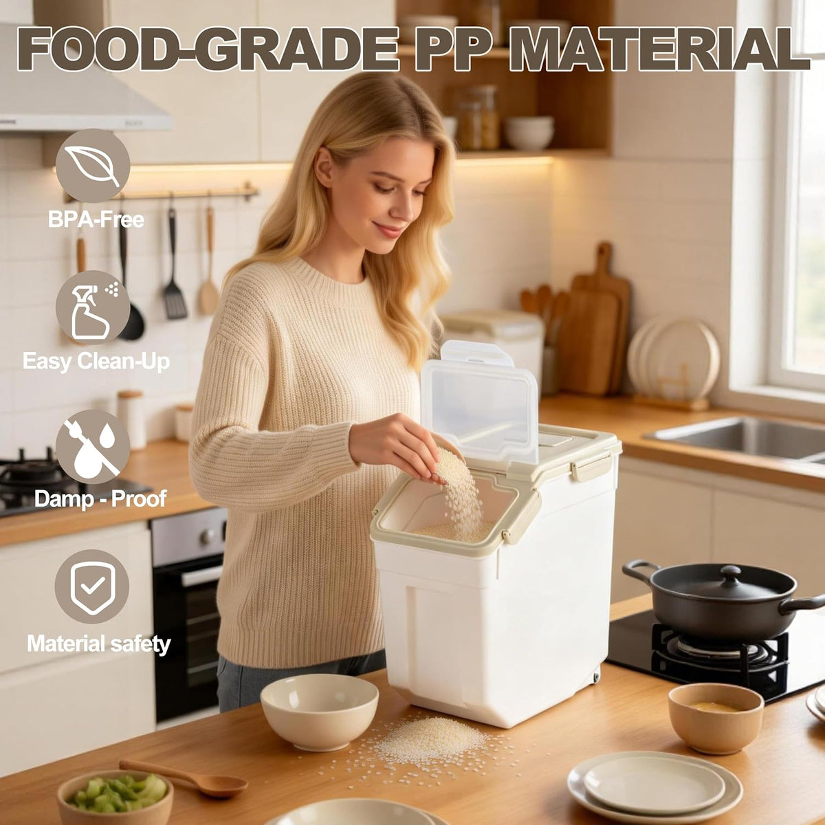 25lb Flour Rice Storage Containers Bin, Large Airtight Storage Container with Wheels Seal Locking Lid, with Measuring Cup&Scoop for Flour, Rice, Grain(Gray)