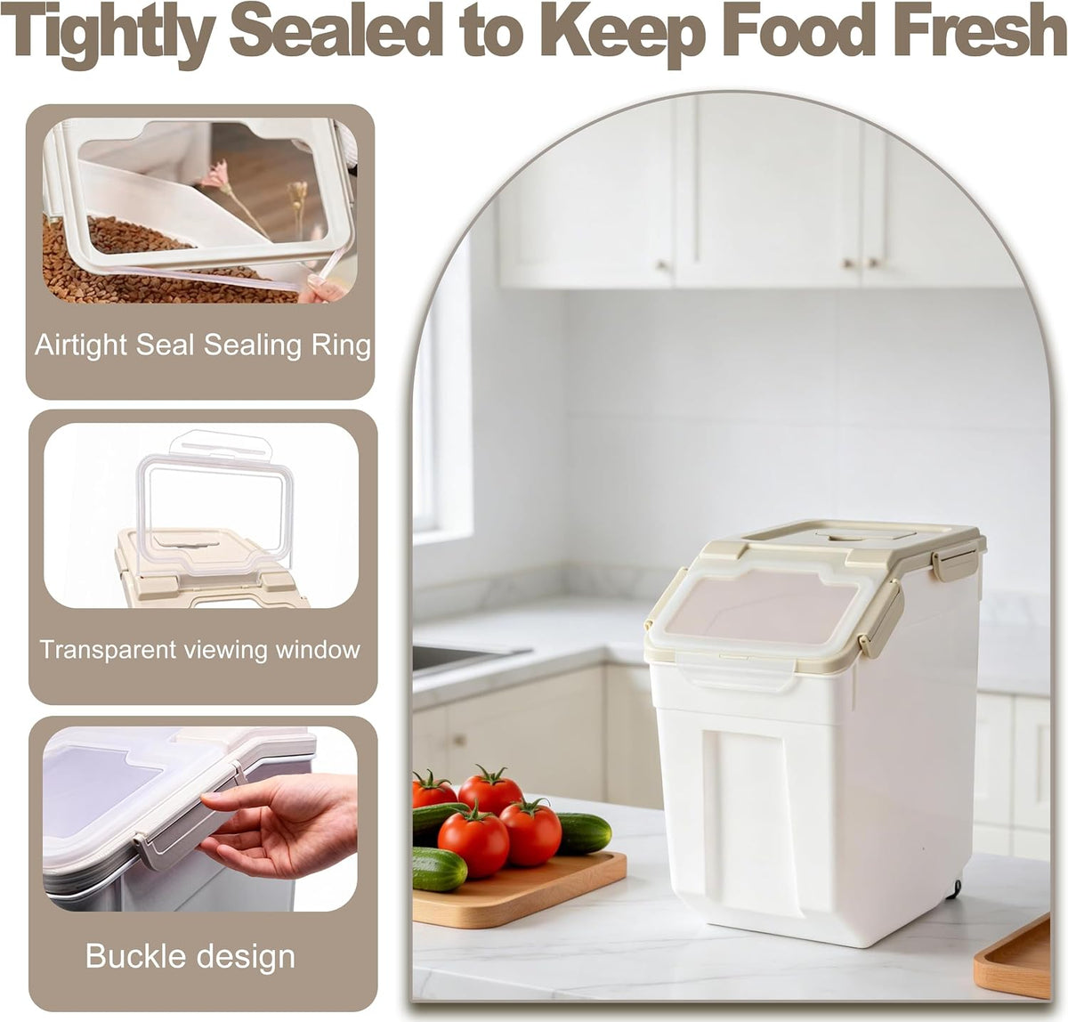 25lb Flour Rice Storage Containers Bin, Large Airtight Storage Container with Wheels Seal Locking Lid, with Measuring Cup&Scoop for Flour, Rice, Grain(Gray)