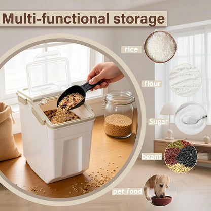 25lb Flour Rice Storage Containers Bin, Large Airtight Storage Container with Wheels Seal Locking Lid, with Measuring Cup&Scoop for Flour, Rice, Grain(Gray)