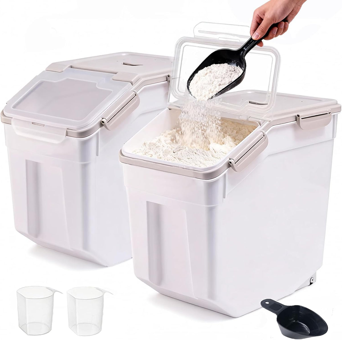 25lb Flour Rice Storage Containers Bin, Large Airtight Storage Container with Wheels Seal Locking Lid, with Measuring Cup&Scoop for Flour, Rice, Grain(Gray)