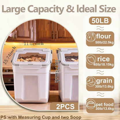 25lb Flour Rice Storage Containers Bin, Large Airtight Storage Container with Wheels Seal Locking Lid, with Measuring Cup&Scoop for Flour, Rice, Grain(Gray)