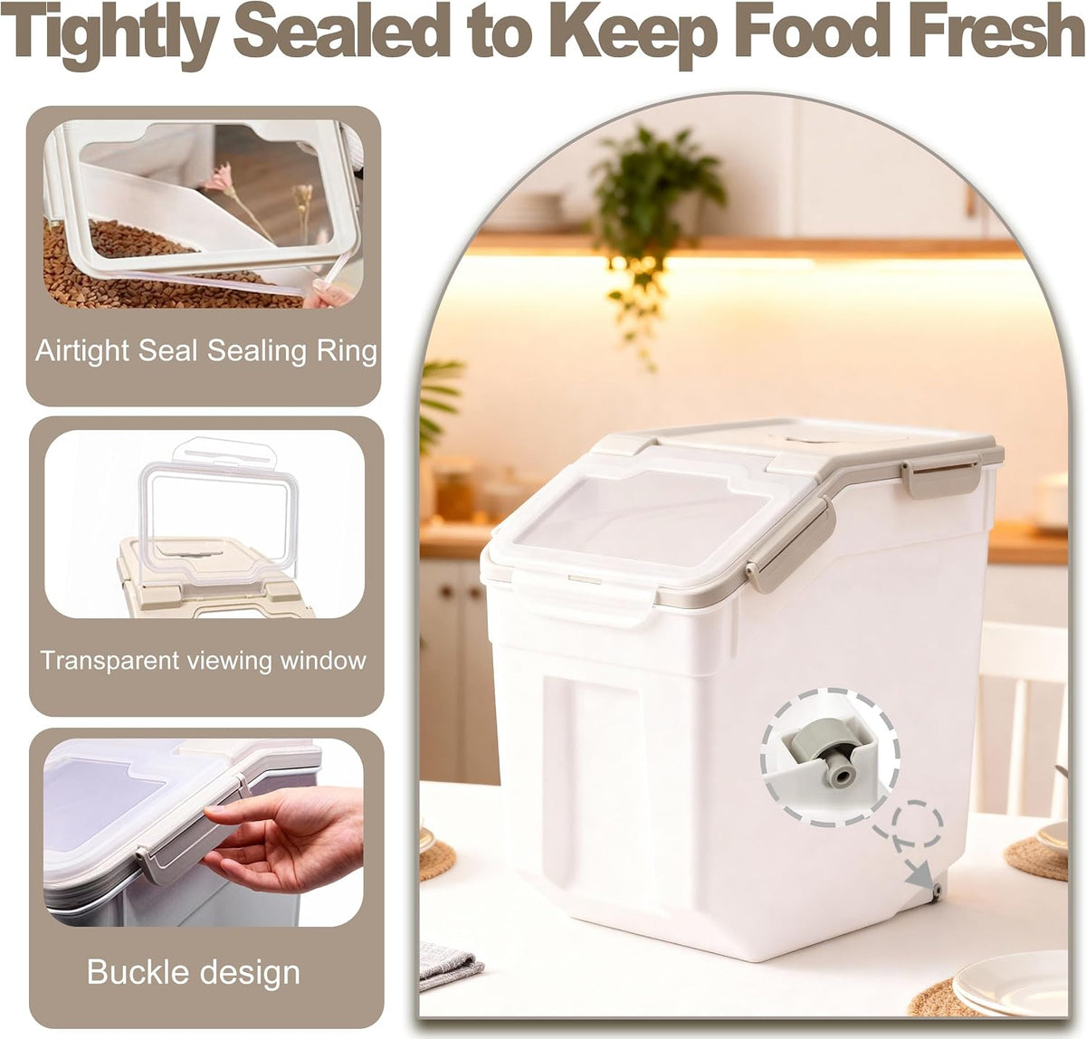 25lb Flour Rice Storage Containers Bin, Large Airtight Storage Container with Wheels Seal Locking Lid, with Measuring Cup&Scoop for Flour, Rice, Grain(Gray)