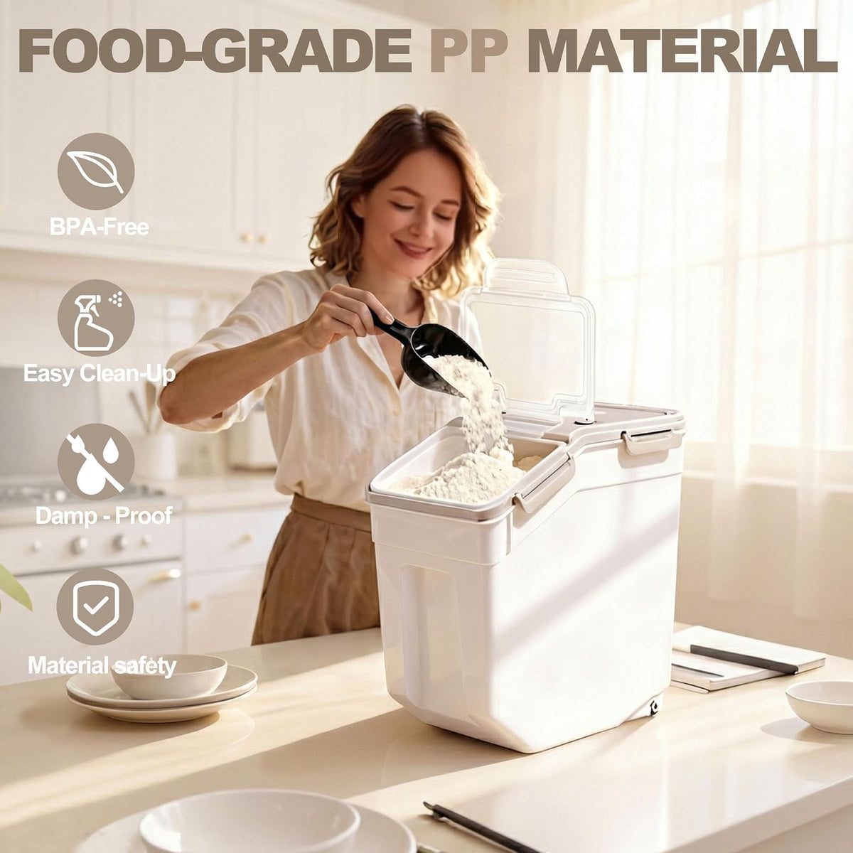 25lb Flour Rice Storage Containers Bin, Large Airtight Storage Container with Wheels Seal Locking Lid, with Measuring Cup&Scoop for Flour, Rice, Grain(Gray)