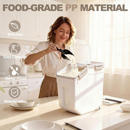25lb Flour Rice Storage Containers Bin, Large Airtight Storage Container with Wheels Seal Locking Lid, with Measuring Cup&Scoop for Flour, Rice, Grain(Gray)