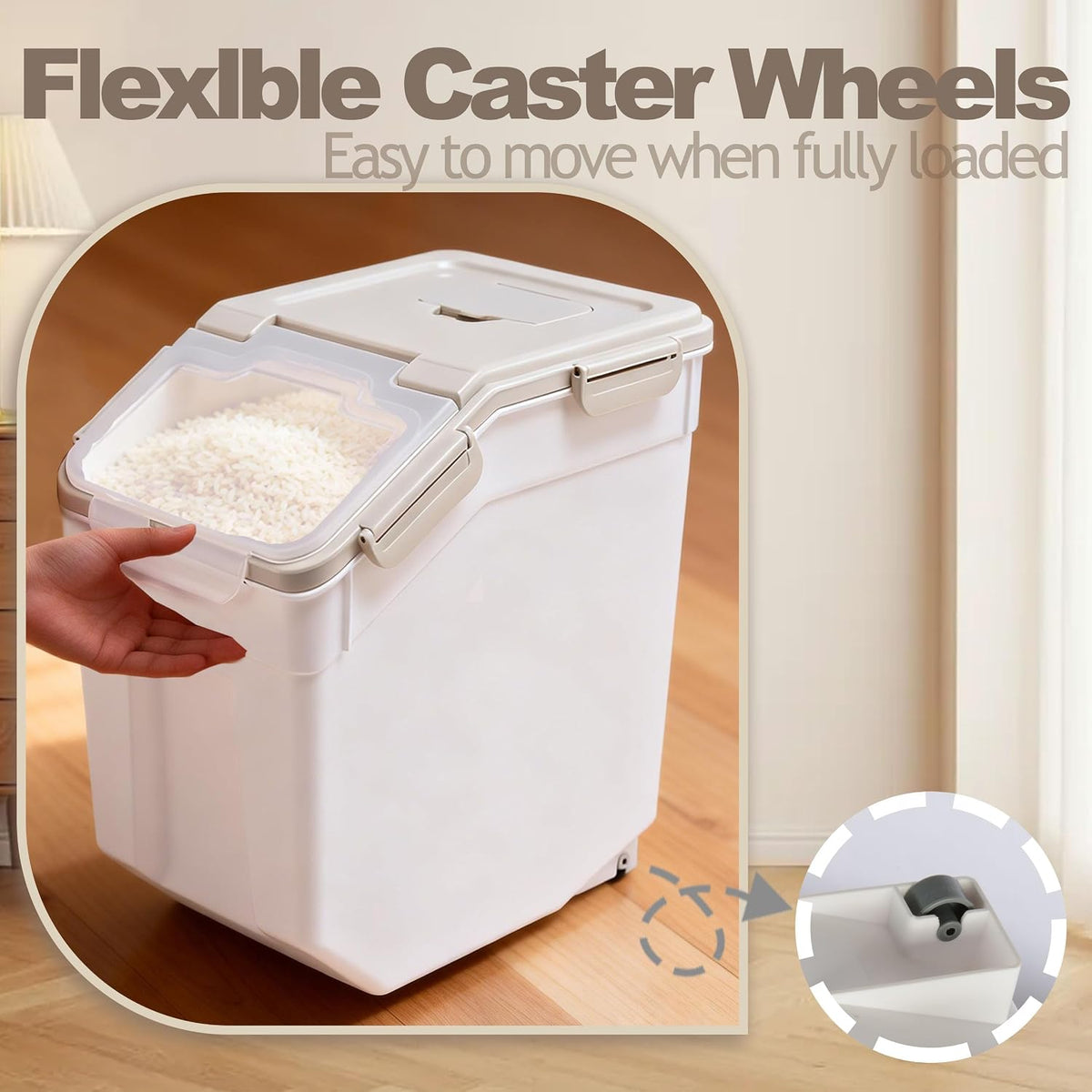 25lb Flour Rice Storage Containers Bin, Large Airtight Storage Container with Wheels Seal Locking Lid, with Measuring Cup&Scoop for Flour, Rice, Grain(Gray)