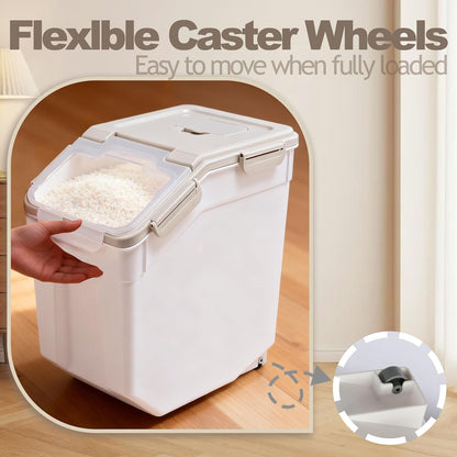 25lb Flour Rice Storage Containers Bin, Large Airtight Storage Container with Wheels Seal Locking Lid, with Measuring Cup&Scoop for Flour, Rice, Grain(Gray)
