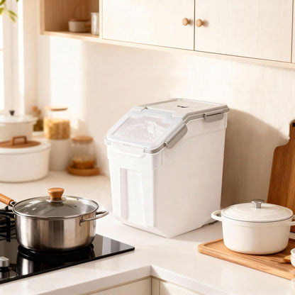 25lb Flour Rice Storage Containers Bin, Large Airtight Storage Container with Wheels Seal Locking Lid, with Measuring Cup&Scoop for Flour, Rice, Grain(Gray)