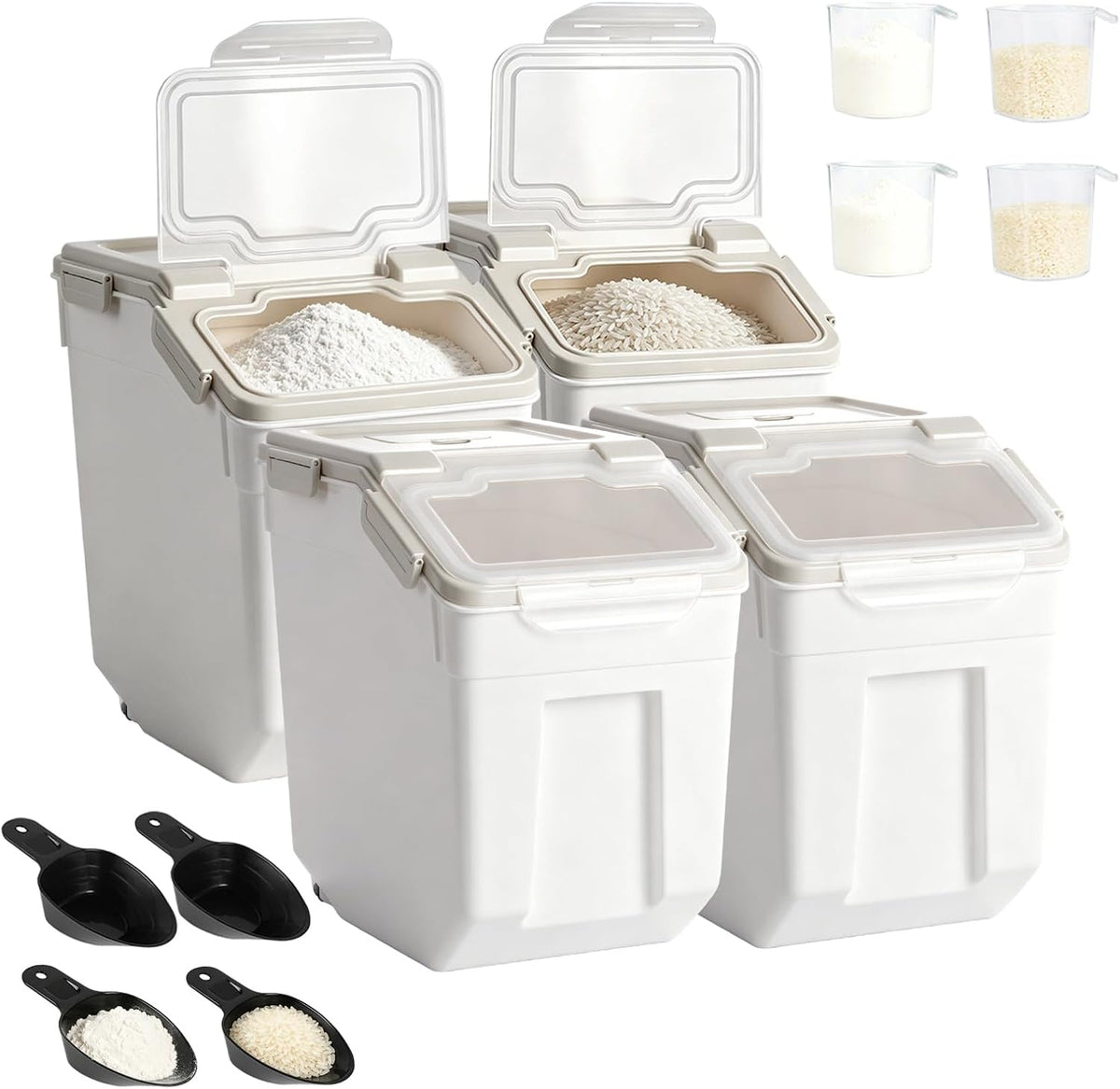 25lb Flour Rice Storage Containers Bin, Large Airtight Storage Container with Wheels Seal Locking Lid, with Measuring Cup&Scoop for Flour, Rice, Grain(Gray)
