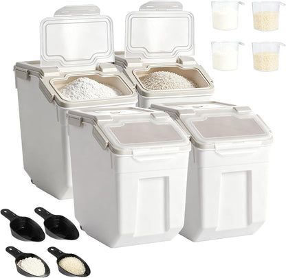 25lb Flour Rice Storage Containers Bin, Large Airtight Storage Container with Wheels Seal Locking Lid, with Measuring Cup&Scoop for Flour, Rice, Grain(Gray)